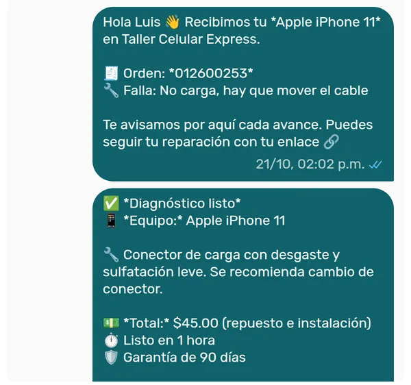 Conversación de WhatsApp dentro de FlujoFix: aviso de recepción y diagnóstico enviados al cliente