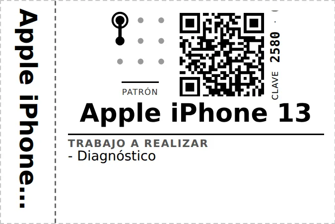 Etiqueta impresa de FlujoFix pegada al equipo: código QR, patrón de desbloqueo, clave y trabajo a realizar