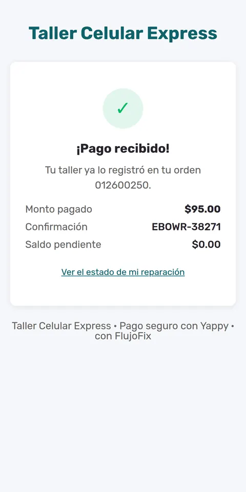 Confirmación de pago recibido con saldo pendiente en cero