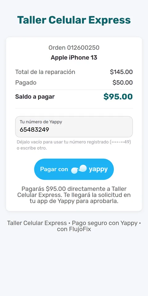 Pantalla de pago con Yappy con el número del cliente y el saldo a pagar