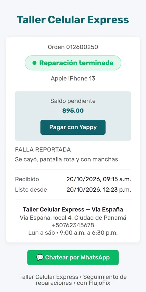 Página de seguimiento: reparación terminada, saldo pendiente de $95.00 y botón Pagar con Yappy